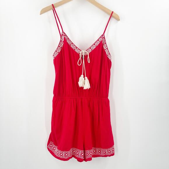 She + Sky Pants - SHE + SKY Jumper Romper Size Large Red Embroidered Tassels Summer Beach Coastal
